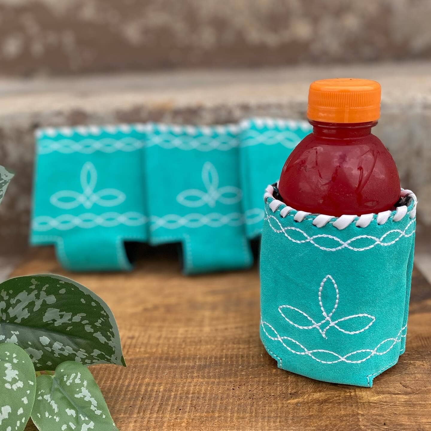 Turquoise BootStitch Suede Koozie